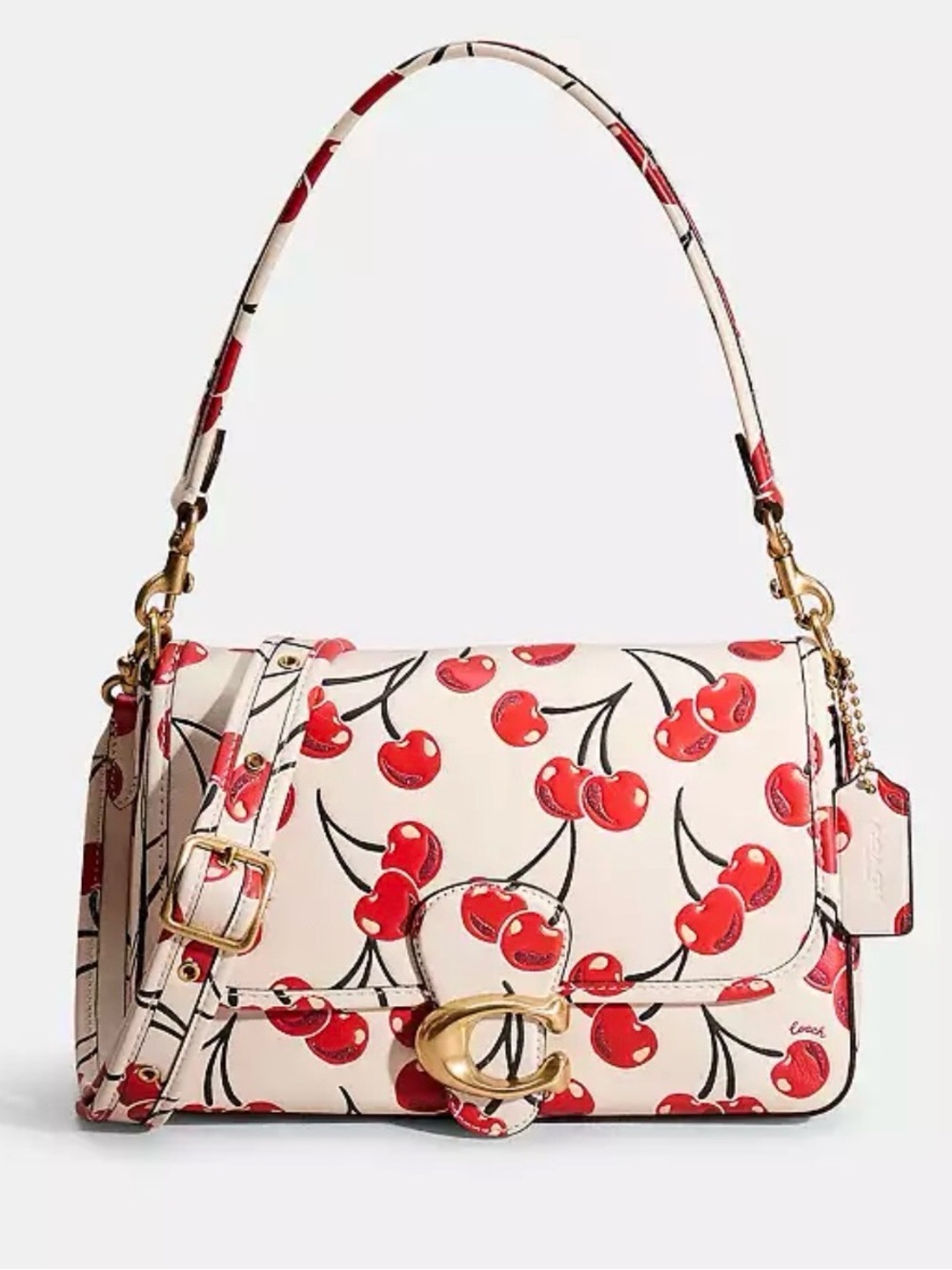 Coach soft Tabby Cream Shoulder Bag with Red Cherry Print and Gold Hardware